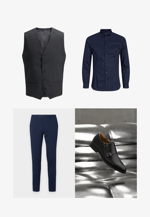 Sort vest med lige snit, udstyret med fem knapper og to sidelommer. Fremstillet af et glat stof med et minimalistisk design.; Mørkeblå langærmet skjorte med knapper, lavet af bomuldsstof, med krave, knaplukning foran, glat tekstur, uden mærkbare mønstre eller accenter.; Marineblå bukser til formelt brug med lige ben, lavet af et glat stof. Har en frontknaplukning og to sidelommer.; Sort læder dobbelt munkestrofe sko med sølvspænder vist på en reflekterende metalisk sølvbetrukket polstret overflade.