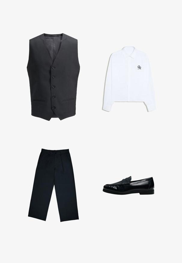 Gilet noir à coupe droite, doté de cinq boutons et de deux poches latérales. Fabriqué dans un tissu lisse avec un design minimaliste.; Chemise blanche à manches longues boutonnée avec col pointu et initiales cursives foncées "GM" sur le côté gauche de la poitrine.; Pantalons larges noirs en tissu lisse, avec des plis sur le devant, une fermeture à bouton et une coupe droite au niveau des chevilles.; Mocassin penny loafer pour homme en cuir noir avec bout moc cousu et petit talon, présenté de profil sur fond blanc.