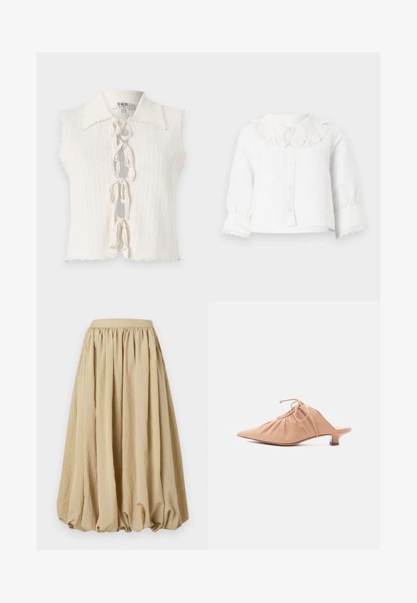 Witte mouwloze top met een gegolfde kraag, gestructureerd breipatroon, sluiting met een strik aan de voorkant en een cropped zoom.; Witte babyblouse met lange mouwen, met een gegolfde kanten kraag en manchetten, knoopsluiting aan de voorkant en licht geplooide mouwen.; Beige midi-rok met een geplooid taillegedeelte, vloeiende stof en volumineuze vorm, met een gestructureerd oppervlak en subtiele kreukdetails.; Beige leren damesmuiltje met puntige neus, geplooide bovenzijde, trekkoord en lage kittenheel, afgebeeld op witte achtergrond.