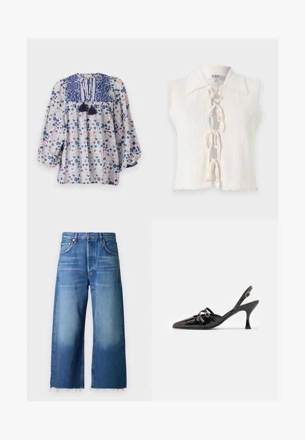 Witte mouwloze top met een gegolfde kraag, gestructureerd breipatroon, sluiting met een strik aan de voorkant en een cropped zoom.; Bloemmotief blouse in blauw, wit en roze met een gespleten halslijn, franjes en volumineuze lange mouwen. Katoenen stof.; Lichtblauwe denim wijdvallende jeans met een rafelige zoom, ontworpen met vijf zakken en een knoopsluiting in de taille.; ALOHAS JOELLE ONIX - Klassieke pumps - black