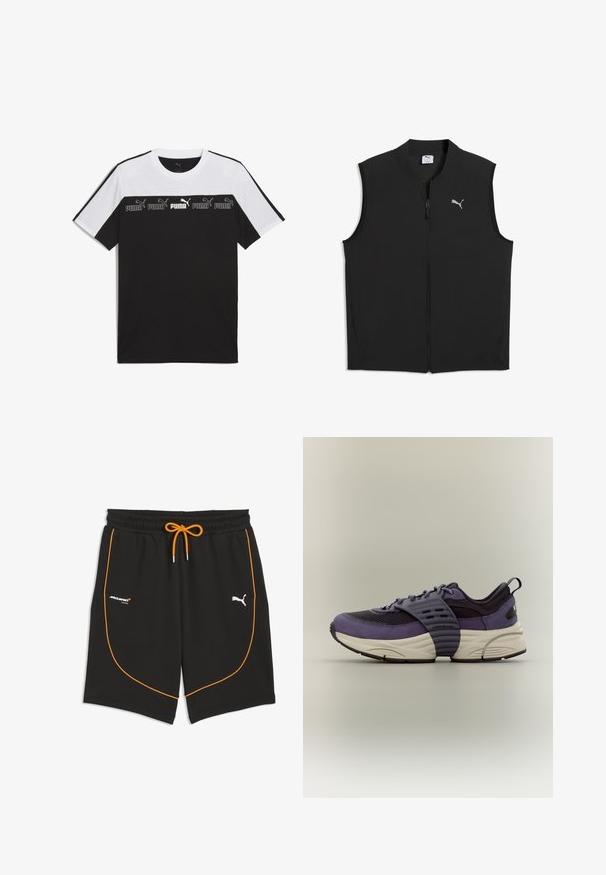 Chaleco sin mangas negro con cremallera frontal y pequeño logo blanco de Puma en el pecho izquierdo, hecho de tela ligera.; Camiseta de manga corta en blanco y negro hecha de algodón, con un logotipo de PUMA en el centro en un diseño gráfico audaz y una textura en el pecho.; Pantalones cortos deportivos negros con ribete naranja, cordón naranja, logo de McLaren Racing en el lado izquierdo y logo blanco de Puma en el muslo derecho.; Zapatilla Jordan en púrpura y negro con parte superior de malla, suela blanca gruesa y tira en el mediopié, mostrada de perfil sobre un fondo neutro.