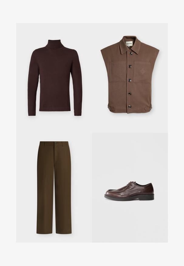 Veste marron sans manches à boutons, avec deux poches avant, un petit motif brodé sur la poche droite et des bretelles latérales réglables.; Pull en col roulé à manches longues de couleur brun foncé, avec une coupe ajustée, présenté sur un fond blanc uni.; Pantalon marron droit avec passants de ceinture, fermeture avant par bouton et zip, présenté sur un fond clair uni.; Chaussure habillée en cuir marron avec un bout arrondi, des accents de couture minimum, et une semelle noire robuste. Présente un système de laçage et une texture lisse.