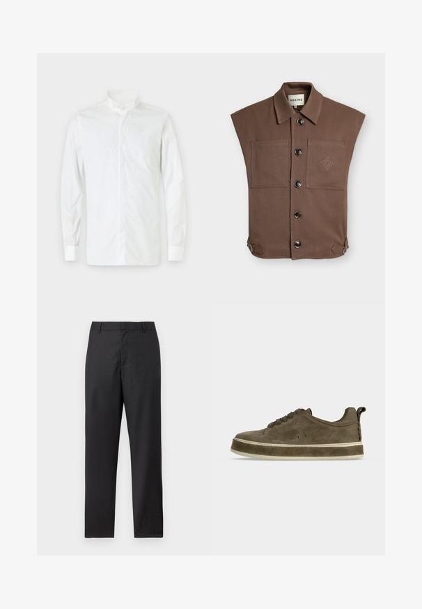 Veste marron sans manches à boutons, avec deux poches avant, un petit motif brodé sur la poche droite et des bretelles latérales réglables.; Chemise blanche à manches longues avec col montant, fermeture à boutons et coupe ajustée. Texture lisse, poignets à un bouton et style minimaliste.; Pantalon de costume noir à jambes droites, passants pour ceinture et fermeture frontale dissimulée, présenté sur un fond blanc.; Baskets basses en daim marron avec semelle beige épaisse, lacets sur le devant, petits trous d’aération et languette au talon.