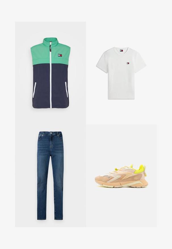 Chaleco sin mangas con una sección superior verde y una sección inferior azul marino, que cuenta con un cuello alto, cremallera blanca y bolsillos laterales. Parche de logo distintivo.; Camiseta blanca de manga corta con cuello redondo y pequeño logo rectangular de Tommy Jeans en rojo, blanco y azul en el pecho izquierdo.; Vaqueros de talle alto y pierna recta en denim azul oscuro. Cuenta con cinco bolsillos, botón metálico y cremallera. Textura suave con ligero desgaste.; Zapatillas con un upper de malla ligero en tonos durazno y crema, con acentos en amarillo neón, ante texturizado y una suela acolchada.