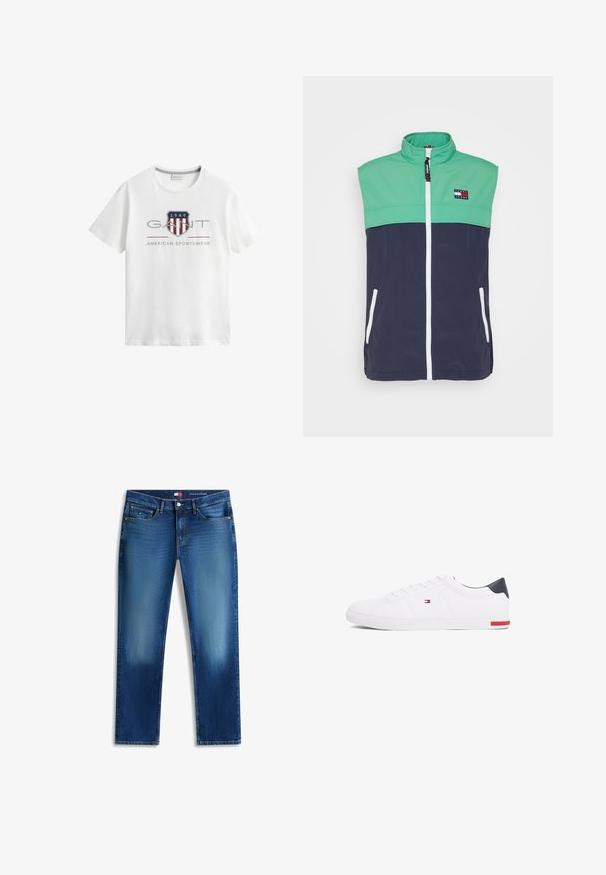 Veste sans manches avec une section supérieure verte et une section inférieure marine, dotée d'un col haut, d'une fermeture éclair blanche et de poches latérales. Patch logo distinctif.; T-shirt blanc manches courtes col rond avec logo GANT, écusson rayé rouge et blanc, "1949" et texte "American Sportswear" sur le devant.; Jean slim droit bleu avec cinq poches, fermeture par bouton et fermeture éclair, et décoloration subtile aux cuisses et aux genoux.; Baskets basses blanches en cuir lisse. Dotées d'un talon en bleu marine et d'un accent rouge sur la semelle. Six œillets pour les lacets.