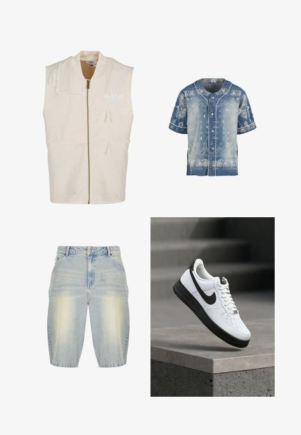 Beige ärmellose Weste mit einem Reißverschluss, verziert mit ausgefransten Akzenten, zwei vorderen Taschen und besticktem Text auf der Brust.; Denim Kurzarmhemd, hellblau mit weißem Paisleymuster und Knopfverschluss, verfügt über einen klassischen Kragen und kontrastierende Trimmdetails.; Helle blaue Denim-Shorts mit einem verblassten Washed-Effekt, ausgestattet mit einem klassischen Five-Pocket-Design, Gürtelschlaufen und einem geraden Schnitt.; Weißer Ledersneaker mit schwarzen Akzenten, abgerundetem Zehenbereich und perforierten Details. Schwarze Gummisohle mit strukturiertem Muster und Schnürverschluss.