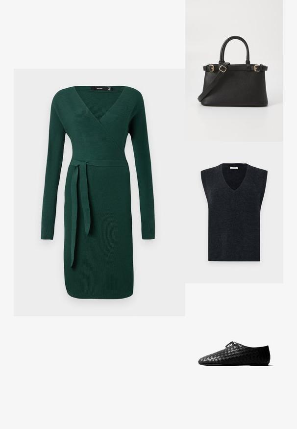 Donkergrijze, mouwloze gebreide vest met een V-hals. Kenmerkt zich door een ribbel structuur aan de halslijn en zoom. Gladde textuur, casual pasvorm, lichtgewicht.; Donkergroen, geribbeld, langof-dress met een v-hals en een strikaccent op de taille. Aangesloten ontwerp met een knie-lange zoom.; Zwarte gevlochten leren platte schoen met een puntige neus en een kleine veterstrik bovenop, weergegeven in zijaanzicht op een witte achtergrond.; Call it Spring Handtas - black