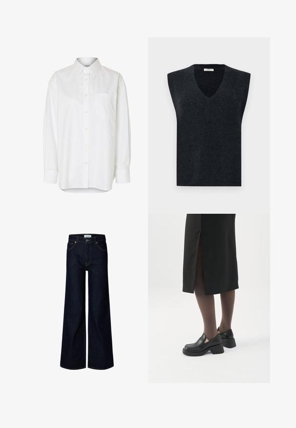 Chaleco de punto sin mangas en gris oscuro con escote en V. Presenta un ribete en relieve en el escote y el dobladillo. Textura suave, corte casual, ligero.; Camisa blanca de manga larga con botones, cuello puntiagudo y bolsillo en el pecho, mostrada sobre un fondo liso.; Vaqueros de mezclilla azul oscuro con pernera ancha, cierre delantero con botón y cremallera, trabillas para cinturón y bolsillos delanteros, mostrados sobre un fondo blanco.; Mujer con mocasines negros de tacón grueso, medias negras transparentes y una falda negra con una abertura trasera sobre un fondo blanco.