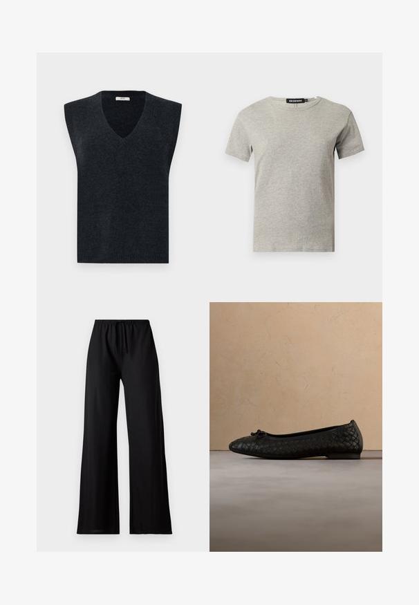 Gilet maille sans manches gris foncé avec un décolleté en V. Il présente un bord côtelé au niveau du décolleté et de l'ourlet. Texture lisse, coupe décontractée, léger.; T-shirt en coton gris clair à manches courtes et col rond avec une étiquette noire visible à l'intérieur du col indiquant "DENIM" et la taille "S."; Pantalon noir à jambes larges avec taille élastique et cordon, conçu pour un usage décontracté.; Ballerine tissée noire avec un bout rond, une semelle fine et un petit détail nœud à l'avant. Placée sur une surface beige texturée.