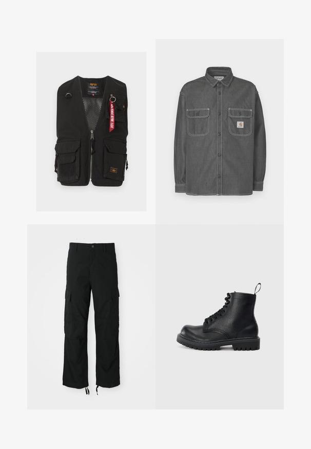 Veste utilitaire noire avec plusieurs poches avant, fermeture éclair, doublure intérieure en mesh, et porte-clés rouge "Remove Before Flight" sur la poche supérieure droite.; Veste-chemise gris foncé en denim, avec deux poches poitrine, fermeture par boutons, et surpiqûres blanches contrastantes. Logo Carhartt sur la poche.; Pantalons cargo noirs en tissu durable, comportant deux poches latérales, une fermeture à bouton et des ourlets ajustables pour un look décontracté et ample.; Bottine de combat en cuir noir texturé avec semelle à crampons épaisse, devant à lacets et tirette au talon, présentée de côté sur un fond blanc.