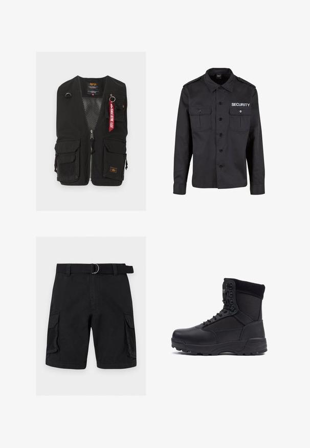 Veste utilitaire noire avec plusieurs poches avant, fermeture éclair, doublure intérieure en mesh, et porte-clés rouge "Remove Before Flight" sur la poche supérieure droite.; Veste de sécurité noire en mélange de coton, dotée de deux poches avant, fermeture à boutons et inscription "SECURITY" en blanc sur la poitrine.; Short cargo noir avec poches latérales à rabat et panneaux en mesh, équipé d’une ceinture en tissu noire assortie avec une boucle double anneau.; Botte tactique noire avec une tige en cuir lisse et des panneaux en tissu, design montante, fermeture à lacets à l'avant et semelle en caoutchouc robuste.