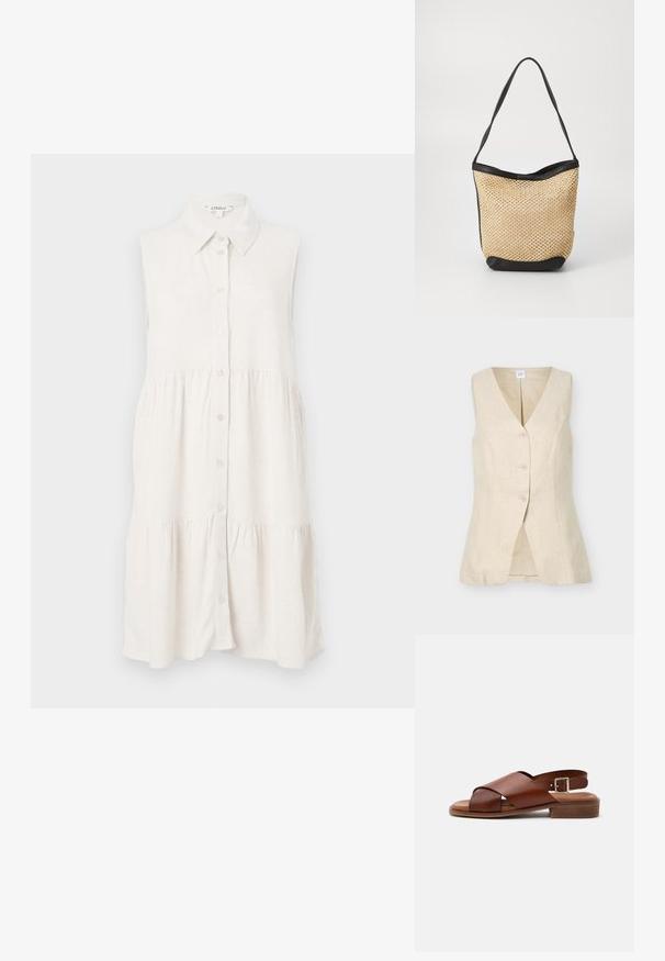 Veste sans manches en lin beige avec trois boutons sur le devant, encolure en V et coupe ajustée, présentée sur un fond blanc.; Robe sans manches, à boutons, en lin beige clair, avec un col et une jupe à volants pour un style décontracté. Le tissu texturé ajoute une touche de détail subtil.; Sandale en cuir marron avec brides croisées, bride de cheville à boucle, semelle intérieure rembourrée et petit talon en bois sur fond blanc.; Sac fourre-tout tissé en paille avec une texture naturelle, rehaussé d'une bordure en simili cuir noir et d'une bandoulière ; design ouvert.
