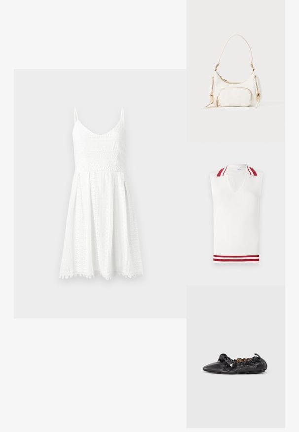 Haut en tricot blanc sans manches avec un col en V, ornée de accents rouge et blanc à l'encolure et à l'ourlet. Texture côtelée sur l'ensemble.; Robe en dentelle blanche avec un corsage ajusté et une jupe évasée. Présente des bretelles fines, un décolleté en V et des motifs floraux délicats.; Ballerine plate en cuir noir froncé avec bout pointu et petite décoration triangulaire métallique sur le côté, semelle plate.; Sac à main blanc avec une bandoulière courte, surface texturée, plusieurs poches zippées et accents en métal doré. Design compact et moderne.