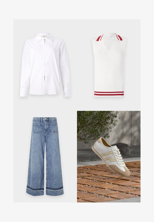 Top de punto blanco sin mangas con escote en V, que presenta un cuello y ribetes en rojo y blanco a rayas. Textura acanalada en toda la prenda.; Camisa blanca de manga larga con cuello tipo polo y cremallera frontal. Confeccionada en un tejido suave con forma ajustada y detalles de puños abotonados.; Jeans de mezclilla de tiro alto en un azul claro con pierna ancha, dos bolsillos traseros y costuras en contraste a lo largo de los puños.; Zapatilla de cuero blanca y beige con cordones, flotando sobre una superficie de bloques de madera y piedras, con un fondo desenfocado de vegetación y concreto.