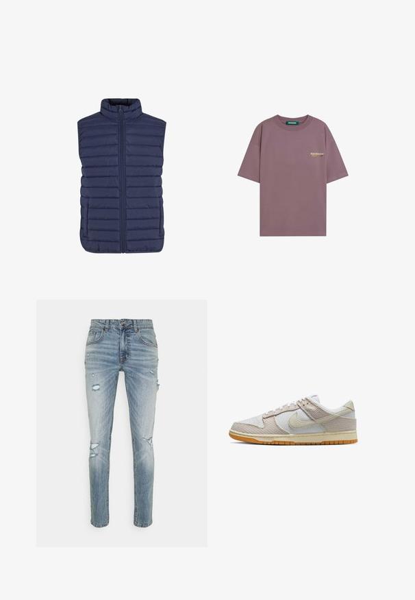 Navy blauwe mouwloze puffer vest met een hoge kraag, horizontaal gestikt patroon en een rits aan de voorkant. Zacht, lichtgewicht materiaal.; Mauve oversized T-shirt met korte mouwen, ronde hals en een klein multicolor "BARROW" logo op de linkerborst.; Lichtblauwe denim jeans met een slim fit, met verouderde scheuren, vijf zakken, een knoopsluiting en subtiele vervagingen door het geheel.; Low-top Nike sneaker in beige en off-white textiel met gainrubberen zool en het kenmerkende swoosh-logo aan de zijkant.