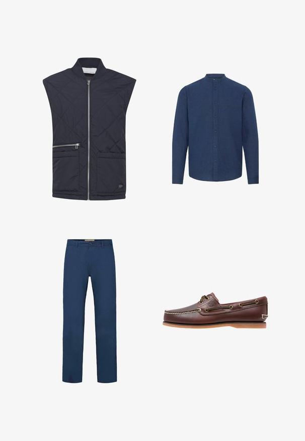 Veste matelassée marine avec col montant, fermeture éclair frontale complète, deux poches avant et détails de fermeture éclair contrastants. Tissu léger.; Chemise bleu marine à manches longues avec col mandarin et fermeture à boutons sur le devant, fabriquée en tissu texturé.; Pantalon en coton bleu marine avec une coupe droite, doté d'une fermeture à boutons à l'avant et de poches latérales visibles. Texture lisse.; Chaussure bateau en cuir marron avec coutures blanches, détails de lacets et semelle en caoutchouc beige, vue de côté sur fond blanc.