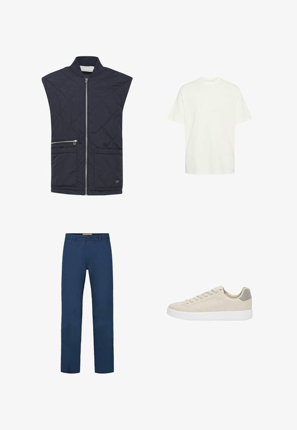 Veste matelassée marine avec col montant, fermeture éclair frontale complète, deux poches avant et détails de fermeture éclair contrastants. Tissu léger.; T-shirt en coton blanc à coupe ample, col rond, manches courtes et ourlet plat, présentant une texture lisse et sans motifs visibles.; Pantalon en coton bleu marine avec une coupe droite, doté d'une fermeture à boutons à l'avant et de poches latérales visibles. Texture lisse.; Baskets en suede beige avec semelles en caoutchouc blanches, présentant un design basse et un accent gris sur le talon. Fermeture à lacets avec des coutures minimales.