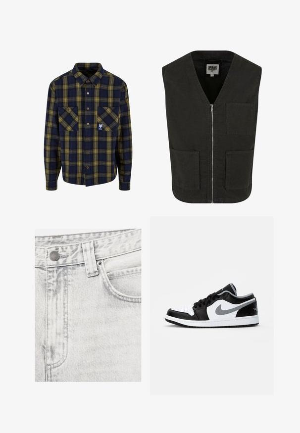Gilet sans manches noir en coton bio, avec un col en V, une fermeture éclair à l'avant et deux poches latérales. Design minimaliste.; Chemise en flanelle à carreaux bleu marine et jaune, avec deux poches avant, boutonnage avant et un petit logo sur la poche gauche. Texture douce.; Gros plan sur un jean en denim gris clair montrant un bouton, une boucle de ceinture, une poche avant, un rivet et des coutures détaillées.; Jordan AIR JORDAN 1 - Baskets basses - black/particle grey-white