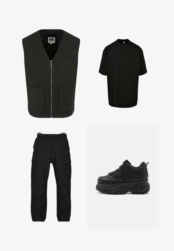Chaleco negro sin mangas hecho de algodón orgánico, con escote en V, cierre frontal con cremallera y dos bolsillos laterales. Diseño minimalista.; Camiseta de algodón negra con cuello redondo y mangas cortas, de corte holgado. Textura suave, sin patrones ni acentos visibles.; Pantalones cargo negros hechos de una tela resistente. Cuenta con múltiples bolsillos, un corte relajado y una cremallera con cierre de botón. Costuras reforzadas en las costuras.; Zapatillas chunky de cuero negro con una suela de goma gruesa, diseño elegante y detalles texturizados. Cuentan con cordones y una pestaña en el talón.
