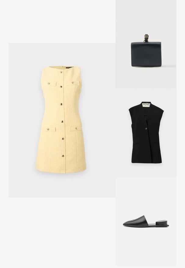TOVE RIAN - Liivi - black; Hihaton keltainen tweed-minimekko, jossa on edessä nappikiinnitys ja neljä läppätaskua, kaksi rinnalla ja kaksi helman lähellä.; Musta nahkainen liukusandaali, jossa on terävä kärki, minimalistinen muotoilu ja teksturoitu takakorko. Liikemäinen pinta ja tasapohja.; Musta nahkalompakko, jossa on kullanvärinen lukko ja pieni tunnus, esitettynä suljettuna yksinkertaista vaaleaa taustaa vasten.