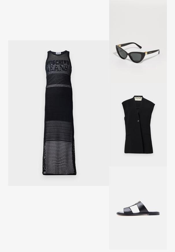 TOVE RIAN - Vest - black; Must mustriga maxi kleit ilma varrukateta disainiga. Omab suurt logo rinna piirkonnas, esitledes avatud kudumismustrit ja sirget siluetti.; Mustad lamedad liugpõhjad kahe laia nahkrihmaga ja väikese kuldse pandlaga helehallil taustal.; Kasside silmadega prillid mustade plastraamidega, tumedate objektiivide ja kuldse tooni aksessuaaridega templitel. Sile tekstuur ja julge disain.
