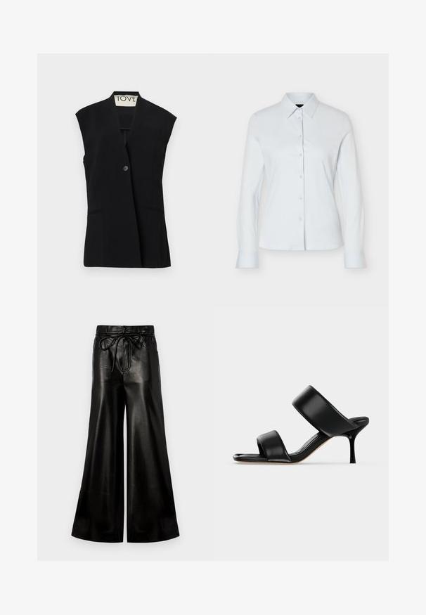 TOVE RIAN - Weste - black; Weißes, langärmliges Hemd mit Knopfleiste, spitzem Kragen und taillierter Silhouette, präsentiert vor einem schlichten hellen Hintergrund.; Schwarze Leder-Hosen mit weitem Bein und Kordelzugbund. Glatte Textur, hohe Taille, lockere Passform, mit seitlichen Taschen und Knopfverschluss.; Schwarze Leder-Mule-Sandale mit zwei breiten Riemen und einem schlanken, mittelhohen Stilettoabsatz auf einem schlichten hellen Hintergrund.