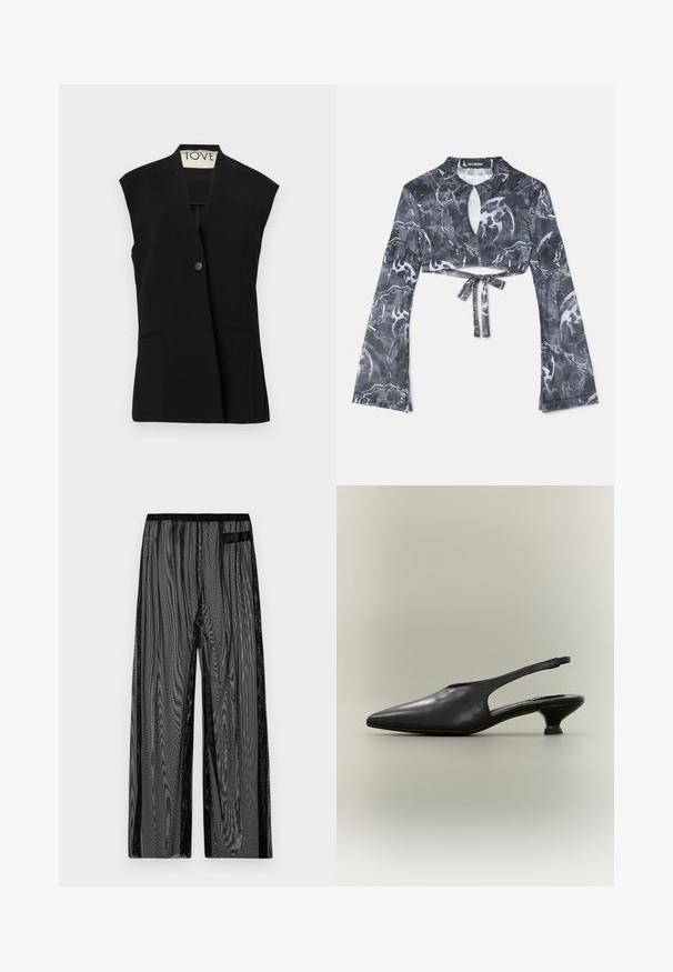 TOVE RIAN - Veste sans manches - black; Haut à manches longues coupé dans un motif abstrait gris foncé, noir et blanc, présentant une découpe en forme de trou de serrure à l'avant et un détail à nouer à la taille.; Pantalons en mesh noir avec une coupe large, dotés d'une taille élastique noire et de poches latérales. Tissu léger et texturé.; Chaussure à bride arrière en cuir noir avec bout pointu et petit talon bas sur fond neutre.