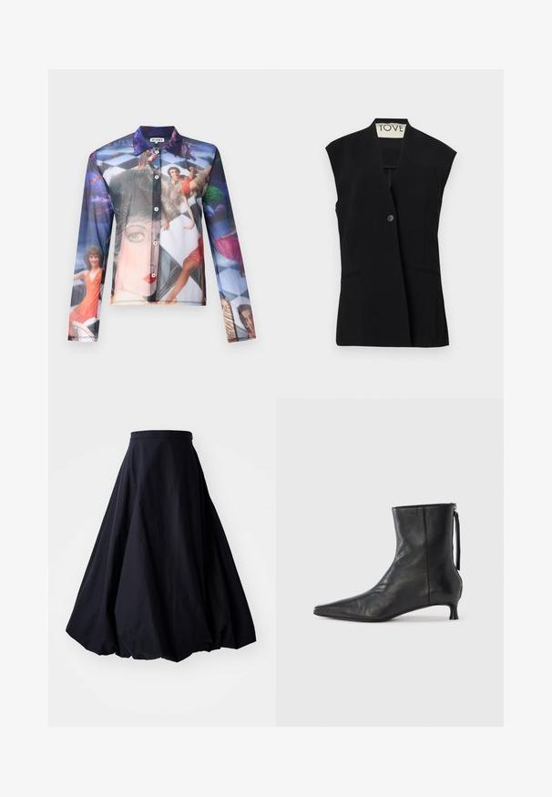 TOVE RIAN - Veste sans manches - black; Chemise transparente à boutons avec une impression photographique colorée de personnes dans des poses dynamiques, dotée d'un col classique et de manches longues.; By Malene Birger AUBREY - Jupe longue - black; Bottine en cuir noir à bout pointu, forme structurée et petit talon. Dispose d'une fermeture éclair latérale et d'un design minimaliste.