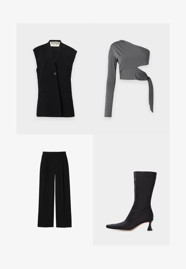 TOVE RIAN - Weste - black; Langärmliges graues Oberteil mit einem Schulterdesign, das eine Knotendetail in der Taille und einen glatten, dehnbaren Stoff aufweist.; Schwarze Hose mit hoher Taille, weitem Bein, Gürtelschlaufen und vorderen Bügelfalten, dargestellt auf weißem Hintergrund.; Schwarzer Lederstiefel in mittlerer Wadenhöhe mit spitzer Zehe und gebogenem, niedrigem Absatz vor hellem, einfarbigem Hintergrund.