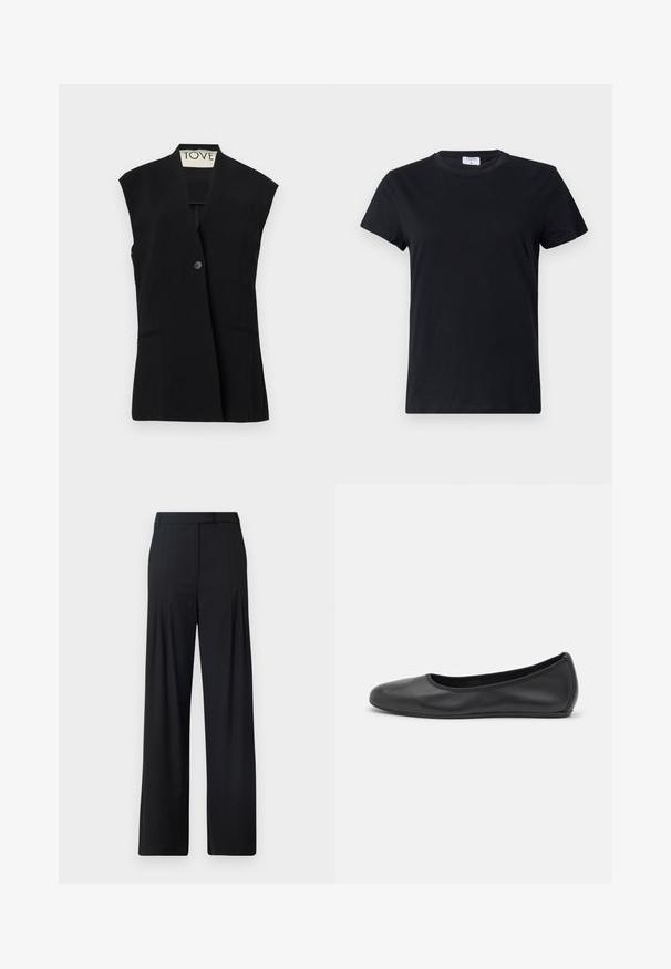 TOVE RIAN - Veste sans manches - black; T-shirt noir à manches courtes en coton, avec un col rond et une texture simple et lisse, sans motif imprimé ni accents.; Pantalons larges noirs avec un devant plat, des plis et une taille ajustée. Fabriqués en tissu lisse et léger.; Ballerines en cuir noir avec un bout rond, texture lisse, détails de couture minimalistes et design de semelle flexible.