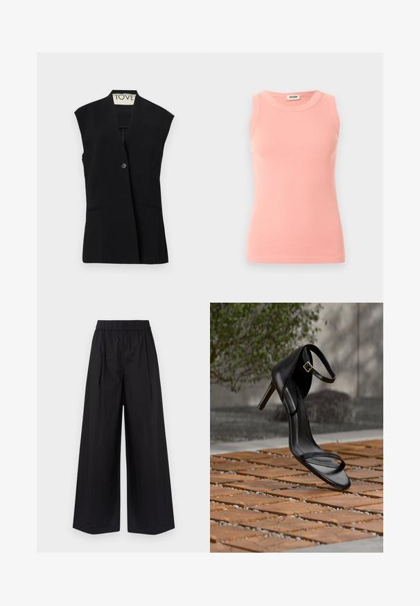 TOVE RIAN - Chaleco - black; Camiseta sin mangas de punto acanalado en color rosa con cuello redondo y etiqueta Drykorn en la parte posterior del cuello, exhibida sobre un fondo liso claro.; Pantalones de pierna ancha negros, hechos de una tela suave, con una cintura elástica y sin bolsillos ni detalles de hardware visibles.; Sandalia negra de tacón alto con correa en el tobillo, parece suspendida sobre un suelo de baldosas de madera al aire libre, con un fondo difuminado de vegetación y piedra.