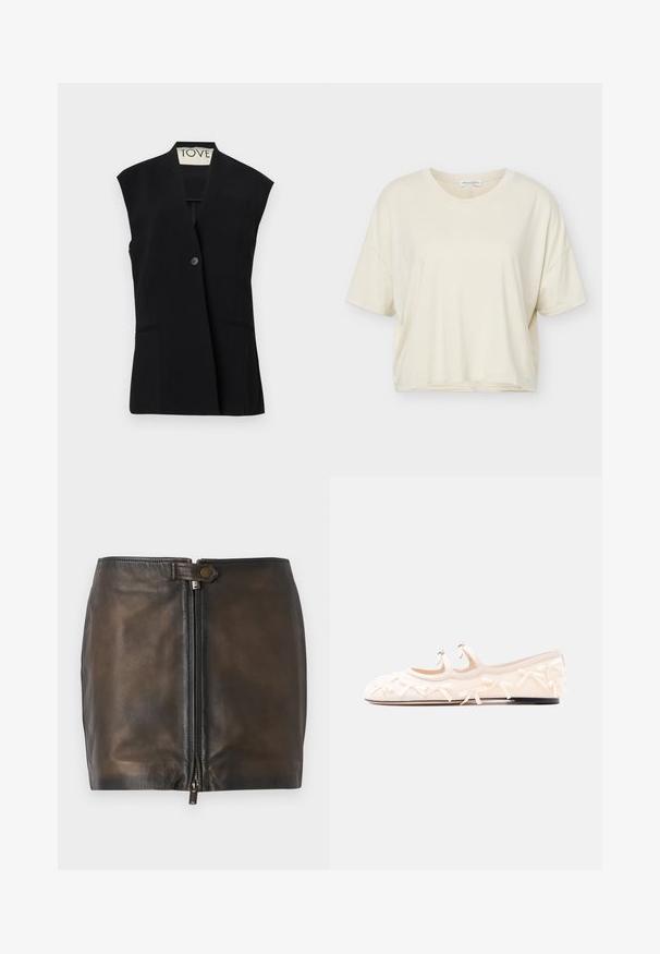 TOVE RIAN - Vest - black; Oversized, kortærmet t-shirt i cremegul med rund halsudskæring, lavet af blødt stof, vist mod en hvid baggrund.; Sort læder mini-skjørt med lukning foran med lynlås, glat overflade og en smal talje. Har et lille metalaccent på taljen.; Flats i flødefarvet med to remme, prydet med små sløjfer, og en sort sål på en ensfarvet hvid baggrund.
