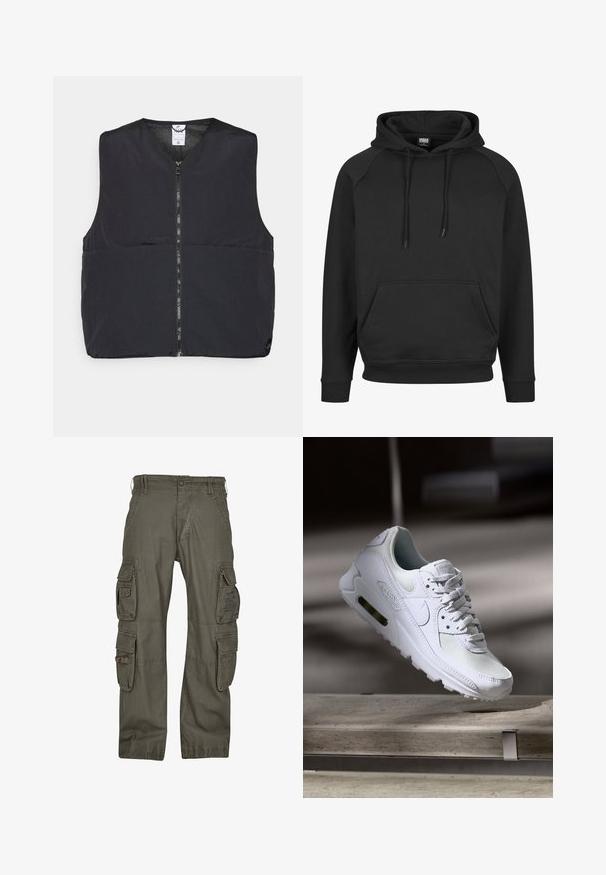 Sort polstret vest med lynlås foran, rund halsudskæring og en glat, mat finish. Designet uden ærmer for nem lag-på-lag.; Sort hættetrøje med kængurulomme, ribstrikkede manchetter og kant. Fremstillet af blødt stof med snører i hætten. Casual design.; Cargo bukser lavet af olivengrønt bomuld, med flere sidelommer, en afslappet pasform og forstærkede syninger for holdbarhed.; Hvide Nike Air Max 90 sneakers med en overdel i mesh og læder, perforeret tåboks og en synlig luftenhed i hælen.