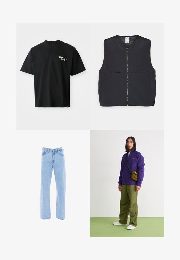 Schwarze gepolsterte Weste mit einem Reißverschluss vorne, einem runden Ausschnitt und einer glatten, matten Oberfläche. Ohne Ärmel für einfaches Layering gestaltet.; Schwarzes T-Shirt mit kurzen Ärmeln aus Baumwolle und lockerer Passform. Auf der Vorderseite befindet sich ein weißes "Dickies"-Logo. Rundhalsausschnitt, einfarbig.; Hellblaue Jeans aus Denim mit geradem Bein, hoher Taille, Fronttaschen und klassischen Nähdetails an den Nähten und am Bund.; Jordan AIR JORDAN 1 ZM CMFT 2 - Sneaker high - summit white/bicoastal/oxidized green