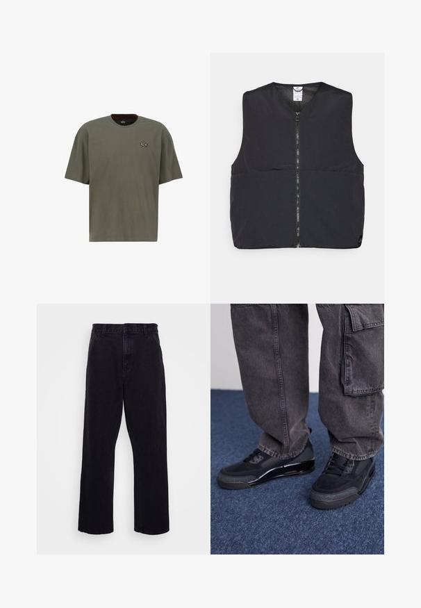 Sort polstret vest med lynlås foran, rund halsudskæring og en glat, mat finish. Designet uden ærmer for nem lag-på-lag.; Olivengrøn kortærmet T-shirt lavet af bomuld, med en rund halsudskæring og et lille guldbroderet logo på venstre bryst.; Sorte denimbukser med lige ben, der har en knap- og lynlåslukning, bæltestropper og minimale syninger.; Sorte sportsko med en struktureret overflade, glatte detaljer og en kraftig sål, der er parret med mørke, løstsiddende cargo-bukser.