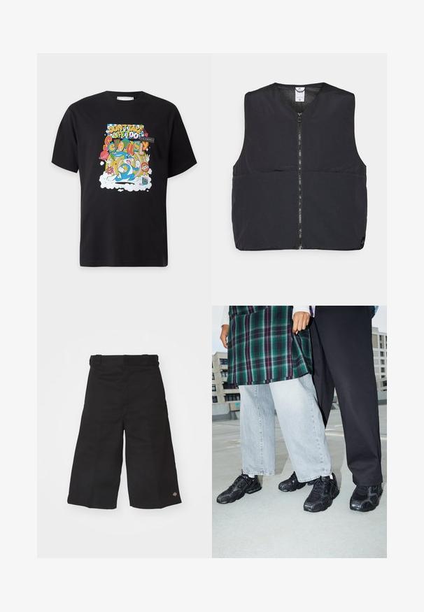Gilet rembourré noir avec fermeture éclair à l'avant, encolure arrondie et finition lisse et mate. Conçu sans manches pour un superposition facile.; T-shirt noir avec un motif cartoon coloré featuring Bugs Bunny et le texte "Ne prends pas la vie trop au sérieux" dans des polices et styles variés.; Shorts noirs à jambes larges fabriqués avec un tissu durable. Présentent une texture lisse et un petit logo sur l'ourlet. Quatre passants de ceinture sur la taille.; Baskets de sport noires avec des accents en mesh et en caoutchouc. Portées avec un jean large gris clair et un haut à carreaux vert. Fond à surface plane.