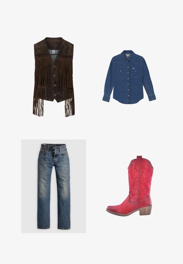 Dunkelbraune Wildlederweste mit langen Fransen, V-Ausschnitt und vier Knöpfen vorn. Keine sichtbaren Personen oder Hintergrund.; Wrangler LONG SLEEVE WESTERN FOR REGULAR FIT - Hemdbluse - dark wash; Blaue Denim-Jeans mit geradem Bein, ausgestattet mit sichtbaren Nähten, einem Reißverschluss und fünf Taschen. Ausgewaschene Stellen sorgen für Textur.; Rote Leder-Cowboystiefel mit kunstvollen geprägten Blumenmustern, spitzer Zehenform und einem gestapelten Holzabsatz. Glatte Textur mit matter Oberfläche.