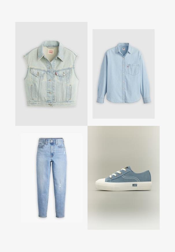 Lyseblå ærmeløs denimvest med knapper foran, to brystlommer med klapper og krave, lagt fladt på en lys baggrund.; Lyseblå denimskjorte med spidse kraver, lange ærmer, knaplukning og en brystlomme med et lille logomærke.; Lysblå højtaljede jeans lavet af denim, med lige ben, subtil falming og et lille slidområde på højre lår.; Blå lavsko i lærred med hvid gummisål, hvide snørebånd, syningsdetaljer og "Lee"-logo på siden af sålen.