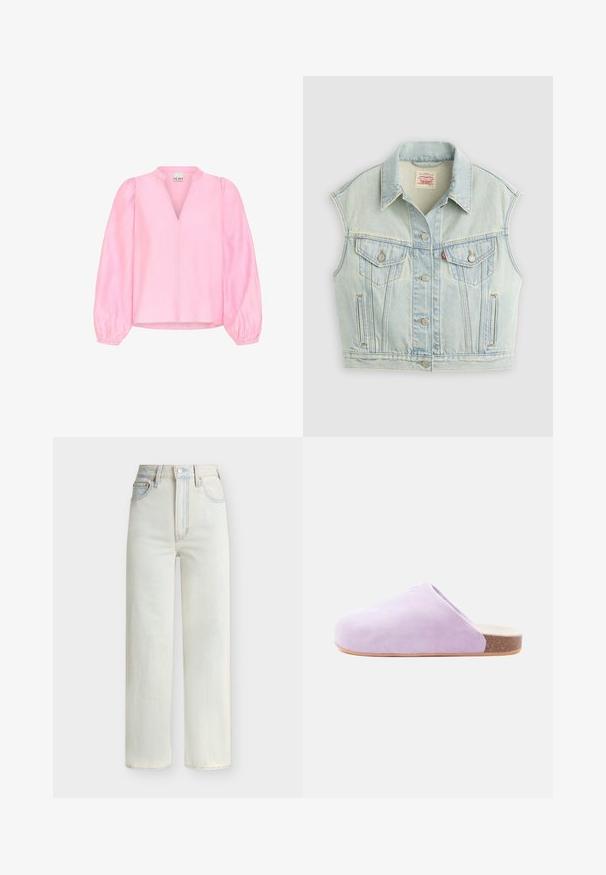 Veste en denim bleu clair sans manches avec boutonnière sur le devant, deux poches poitrine à rabats et col, posée à plat sur un fond clair.; Blouse rose avec de longues manches bouffantes et un décolleté en V. Fabriquée en tissu léger avec une texture lisse et une coupe décontractée.; Jean en denim bleu clair à taille haute avec jambe droite, boutons à l'avant, fermeture éclair et cinq poches.; Sabots en suède lavande à enfilage avec un bout rond, semelle intermédiaire en liège et semelle extérieure en caoutchouc. Texture lisse avec un design minimaliste.