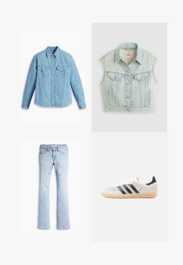Hellblaues ärmelloses Jeansweste mit Knopfleiste, zwei Brusttaschen mit Klappen und Kragen, flach auf hellem Untergrund liegend.; Helles blaues Denimhemd mit langen Ärmeln, spitzem Kragen, zwei Brusttaschen, Knopfleiste und subtiler Struktur. Keine sichtbaren Muster.; Hellblaue Jeans aus Denim mit schmaler Taille, vorderem Knopf und Reißverschluss, Vorder- und Gesäßtaschen sowie leicht ausgeweiteten Beinen.; Weiße Mesh-Sneaker mit schwarzem Drei-Streifen-Design, abgerundeter Spitze und Gummisohle. Verfügen über einen weichen Fersenkragen und Schnürverschluss.