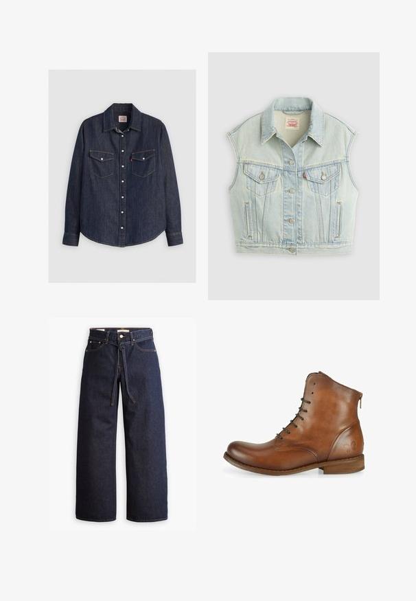 Veste en denim bleu clair sans manches avec boutonnière sur le devant, deux poches poitrine à rabats et col, posée à plat sur un fond clair.; Chemise en denim bleu foncé à manches longues, avec un devant à boutons, deux poches poitrine avec rabats et des coutures jaunes contrastantes.; Jeans en denim bleu foncé à jambes larges, avec une taille haute, dotés d'un lien à cordon, de cinq poches et de détails de couture contrastants.; Bottine en cuir marron avec une texture lisse, bout rond, lacets à l'avant et un petit zip à l'arrière. Logo papillon sur le côté.