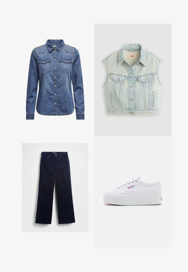 Hele sinine varrukateta teksaliiv, millel on ees nööbid, kaks rinnataskut klappidega ja krae, asetatud lamedalt helele taustale.; Tumedates denim särk, millel on kaelus, pikad varrukad, kahekordsed rinnataskud ja kontrastsed õmblused.; Mereväe sinised sametpüksid laiade säärtega, viie tasku ja hõbedase riistvaraga. Sile tekstuur peente vertikaalsete ribidega.; Valge kangast sneaker paksu valge platvormi tossul, ümmargune nina ja metallist augud nööride jaoks. Brändi logo on küljes.