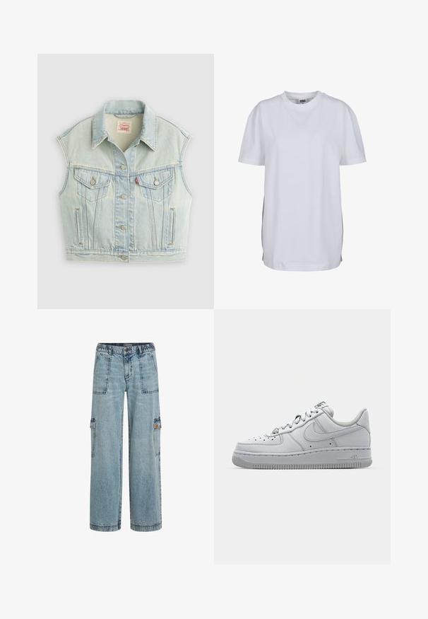 Lyseblå ærmeløs denimvest med knapper foran, to brystlommer med klapper og krave, lagt fladt på en lys baggrund.; Enkel hvid T-shirt med korte ærmer og rund hals, med en lige kant forneden og et lille synligt mærke inde i kraven.; Lyseblå denim cargo bukser med elastisk talje, to forlommer og sidelommer. Løs pasform med en lige ben-design.; Hvid lædersneaker med lavt design, rund tå, perforerede detaljer og en tekstureret gummisål. Har grå accenter på tungen.
