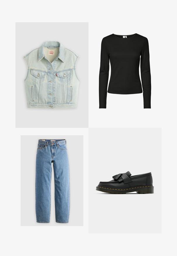 Veste en denim bleu clair sans manches avec boutonnière sur le devant, deux poches poitrine à rabats et col, posée à plat sur un fond clair.; Haut noir à manches longues en tissu lisse, avec un col rond classique et une coupe ajustée, sans motifs ni ornements visibles.; Jean en denim bleu clair avec une coupe droite, cinq poches, une fermeture éclair et une texture légèrement délavée. Style classique avec peu de matériel.; Mocassins en cuir noir avec un bout rond, présentant un détail à franges et une bande décorative à l'avant, montés sur un talon épais.