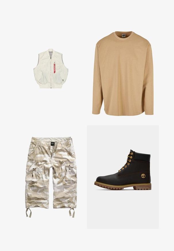 Kreemi värvi varrukateta vest eesmine lukk, küljetaskud ja väike lukuga tasku. Omadusena punane silt ja soonikkoes taljeosa.; Beige pikaealise t-särk, mis on valmistatud pehmest puuvillast, ringkaelusega, lõdva lõikega ja siledapinnaga, millel on minimaalsed õmblusdetailid.; Bežidest külgvööga lühikesed püksid, millel on mitmed taskud, nupuga sulgemine ja sisetõmblused allääres, valmistatud kergest ja vastupidavast kangast.; Must have kuld moodustatud mustast nahast pahkluu saapad kullavärvi silmadega, pruuni aktsentidega ja kummitald. Omab pehmendatud krae ja kõrvale reljeefset logo.