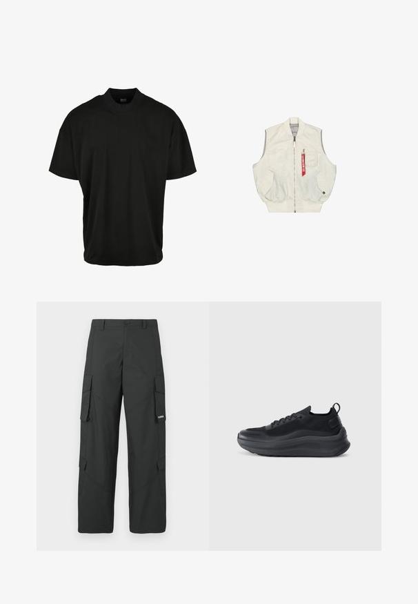 Ærmeløs cremefarvet vest med lynlås foran, sidelommer og en lille lynlåslomme. Har en rød mærkat og ribbet linning.; Sort kortærmet T-shirt med rund halsudskæring, lavet af blødt stof, med en afslappet pasform og uden synlige mønstre eller accenter.; Sorte straight-leg cargo bukser med sidelommer med klap, knaplukning, bæltestropper og et lille hvidt logo på klappen af højre lomme.; Sort sportsko med mesh-overdel, teksturerede detaljer og en tyk gummisål. Har en løkke ved hælen og snørebåndsdesign.