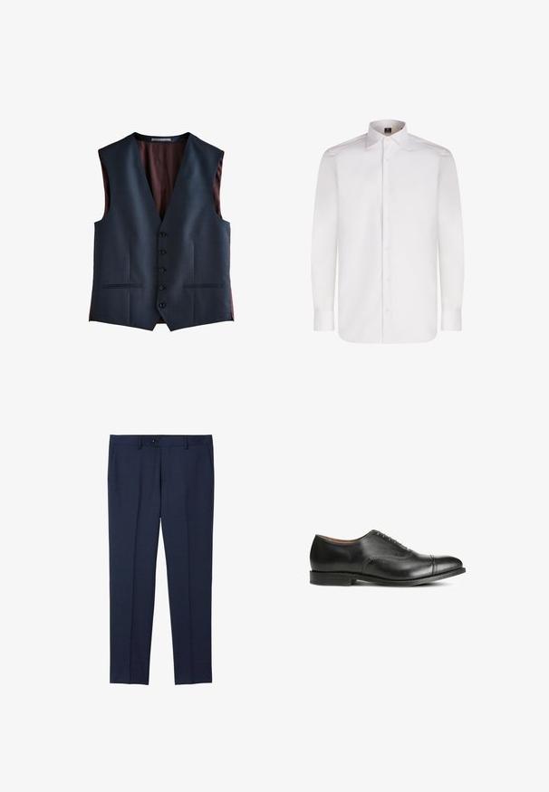 Donkerblauw formeel vest met vier knopen, twee voorzakken en een bruine voering, plat afgebeeld tegen een witte achtergrond.; Witte lange mouw blouse met een gladde stof, klassieke kraag en een afgeronde zoom, met knopen aan de voorkant en manchetten.; Marineblauwe, op maat gemaakte broek van een soepele stof. Voorzien van een knoopsluiting, zijzakken en een recht model.; Zwarte leren dresschoenen met een gladde afwerking, ronde neus, vijf oogjes voor veters en een lage gestapelde hak. Bevat subtiele stikdetails.