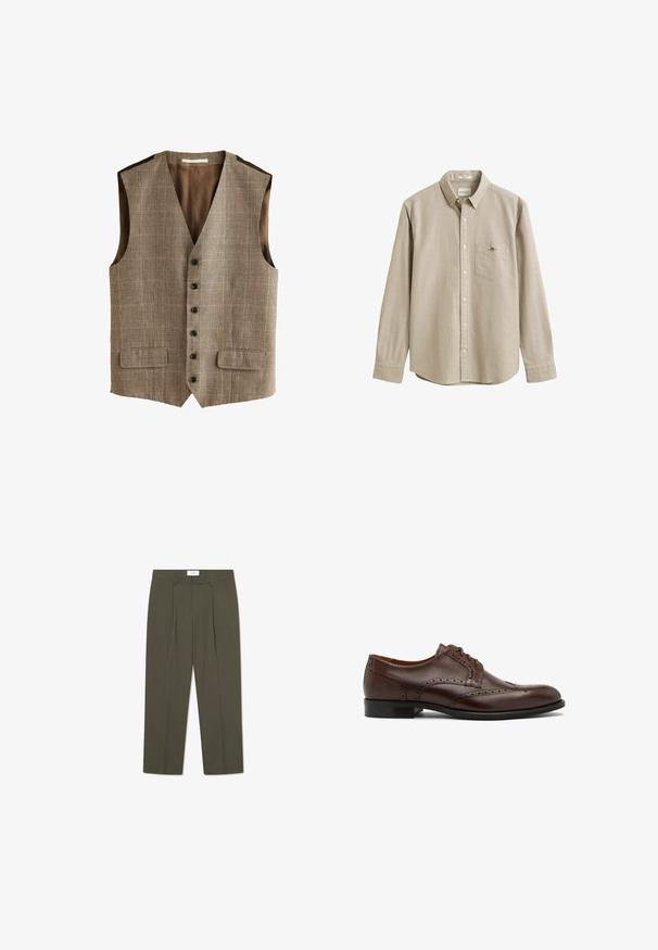 Chaleco de hombre de cuadros marrón y beige con cinco botones y dos bolsillos frontales con solapa, con un escote en V profundo y forro trasero marrón sólido.; Camisa beige de manga larga, abotonada, con cuello, bolsillo en el pecho y un pequeño logo bordado en el bolsillo. La camisa se muestra sobre un fondo liso.; Pantalones verde oliva con rayas verticales, que cuentan con una cintura entallada, pliegues y un diseño de pierna recta. Textura suave.; Zapato de vestir de cuero marrón con punta redondeada, diseño con cordones, detalles de brogue y una suela negra plana y baja. Textura lisa en toda su superficie.
