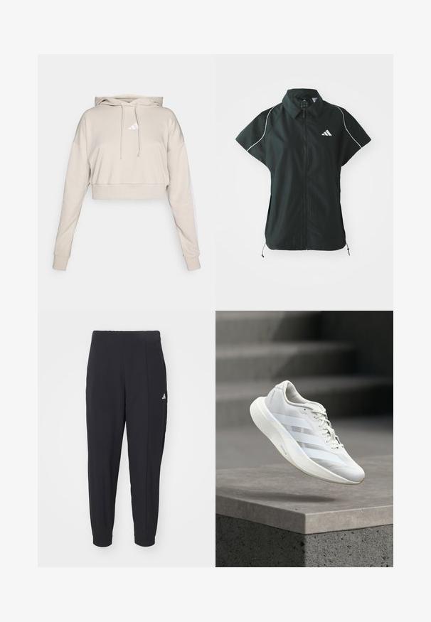 adidas Sportswear STADIUM COVER - Bodywarmer - black/off-white; Lichtbeige cropped sweatshirt met een capuchon, voorzien van een wit driehoekig logo en witte zijstrepen. Gemaakt van zacht, textuurstof.; Zwarte sportbroek gemaakt van een gladde stof. Tapervormig ontwerp met elastische boorden. Voorzien van een klein wit logo op de linkerheup.; Witte sportschoen met een gestructureerd bovenwerk, drie zijstrepen, een gedempte zool en een afgeronde neus, geplaatst boven een betonnen oppervlak.