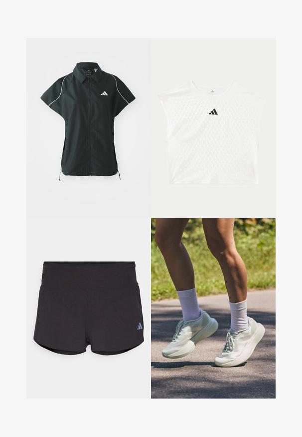 adidas Sportswear STADIUM COVER - Vest - black/off-white; Hvid Adidas kortærmet atletisk skjorte med tekstureret prikmønster og sort Adidas-logo centreret på brystet.; Sorte træningsshorts med en tekstureret overflade, der har en bred elastisk talje og et Adidas-logo i lyseblå på nederste venstre side.; Lys mintgrønne atletiske sko med en glat tekstur, rund tå og tyk sål. Båret sammen med hvide ankelstrømper, vist i bevægelse på en sti.